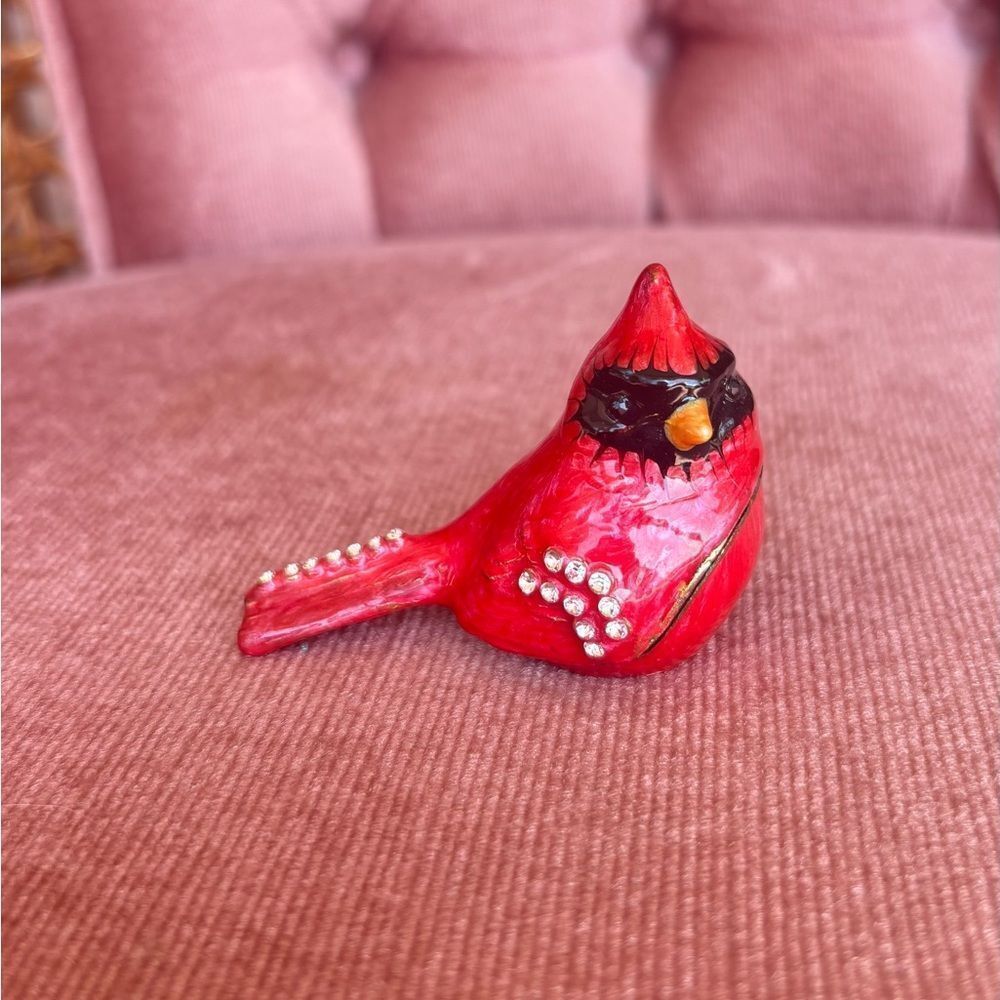 ❤️ Jeweled Cardinal Trinket Box | Red Enamel Rhinestone Bird Hinged Keepsake